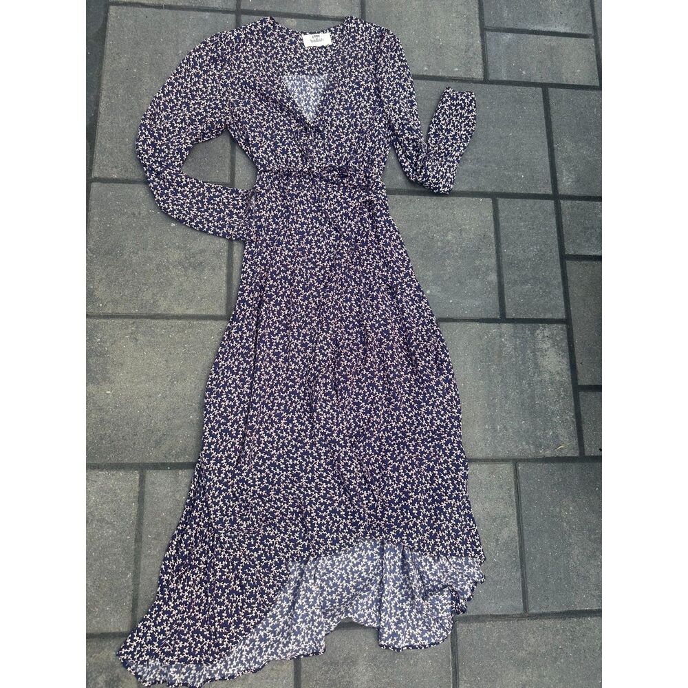 ba&sh Gin Dress Size M Navy Floral Viscose Wrap Midi Dress French Designer